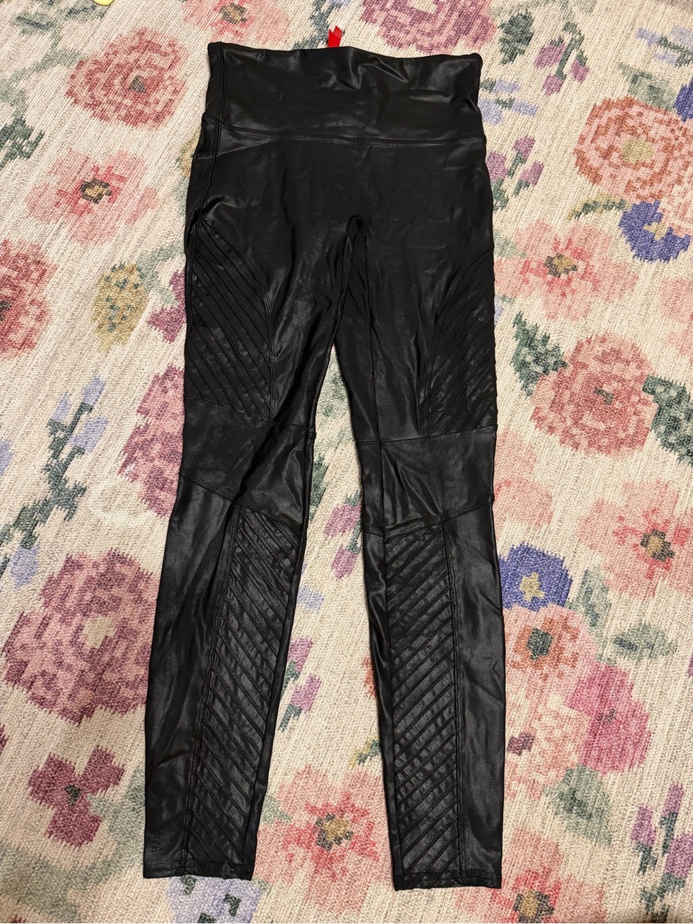 SPANX Black Faux Leather Quilted Moto Leggings
